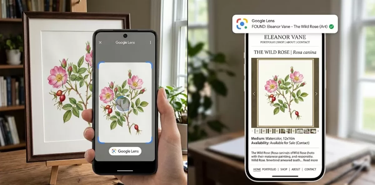 Split-screen visual: a phone camera scanning a piece of artwork through Google Lens style interface, with the recognized result linking back to an artist's website — representing visual search and image discovery.
