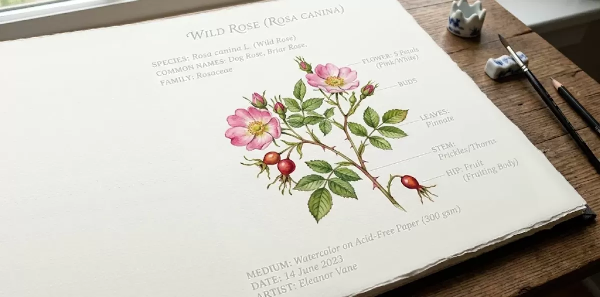 Illustrated botanical watercolor painting of a plant (e.g., wild rose) shown on a clean portfolio page mockup, with visible metadata labels around it (title, medium, species, year) — visualizing 