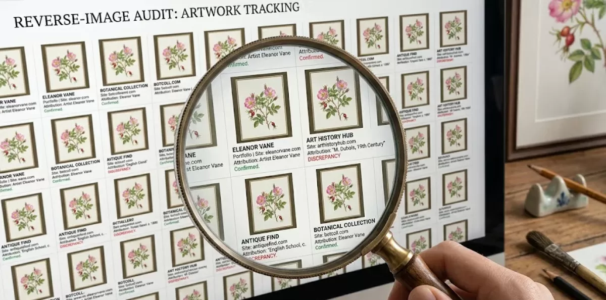 A magnifying glass over a reverse-image search results grid, showing the same painting appearing across multiple sites with varying attribution — representing the 